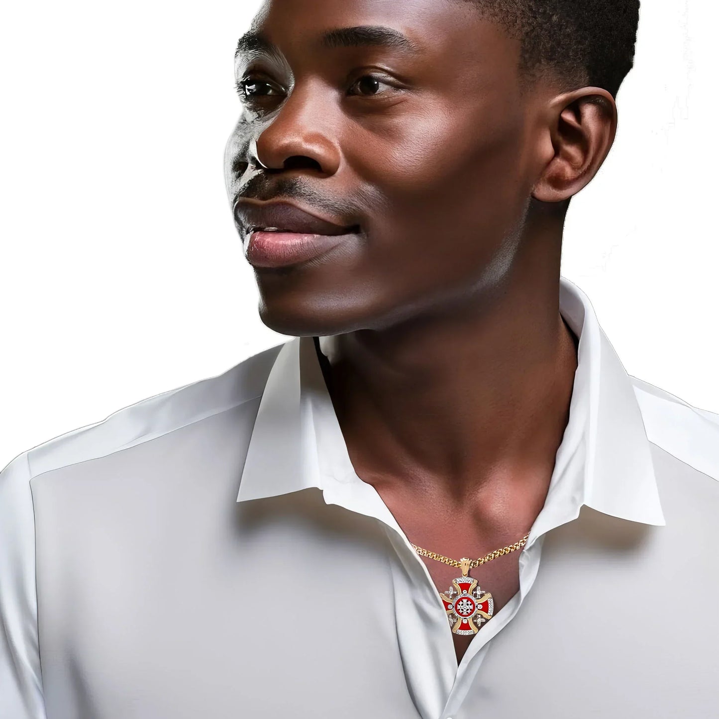 14K Gold Vintage Jerusalem Cross Pendant with Red Enamel and Diamonds on model