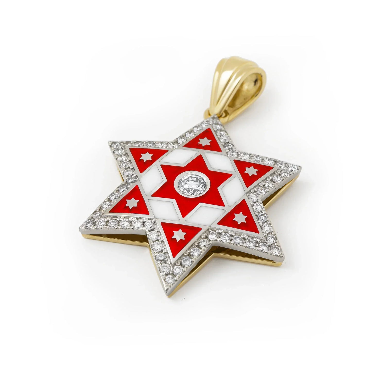 14К yellow gold Star of David Necklace with Red Enamel and 61 Diamonds
