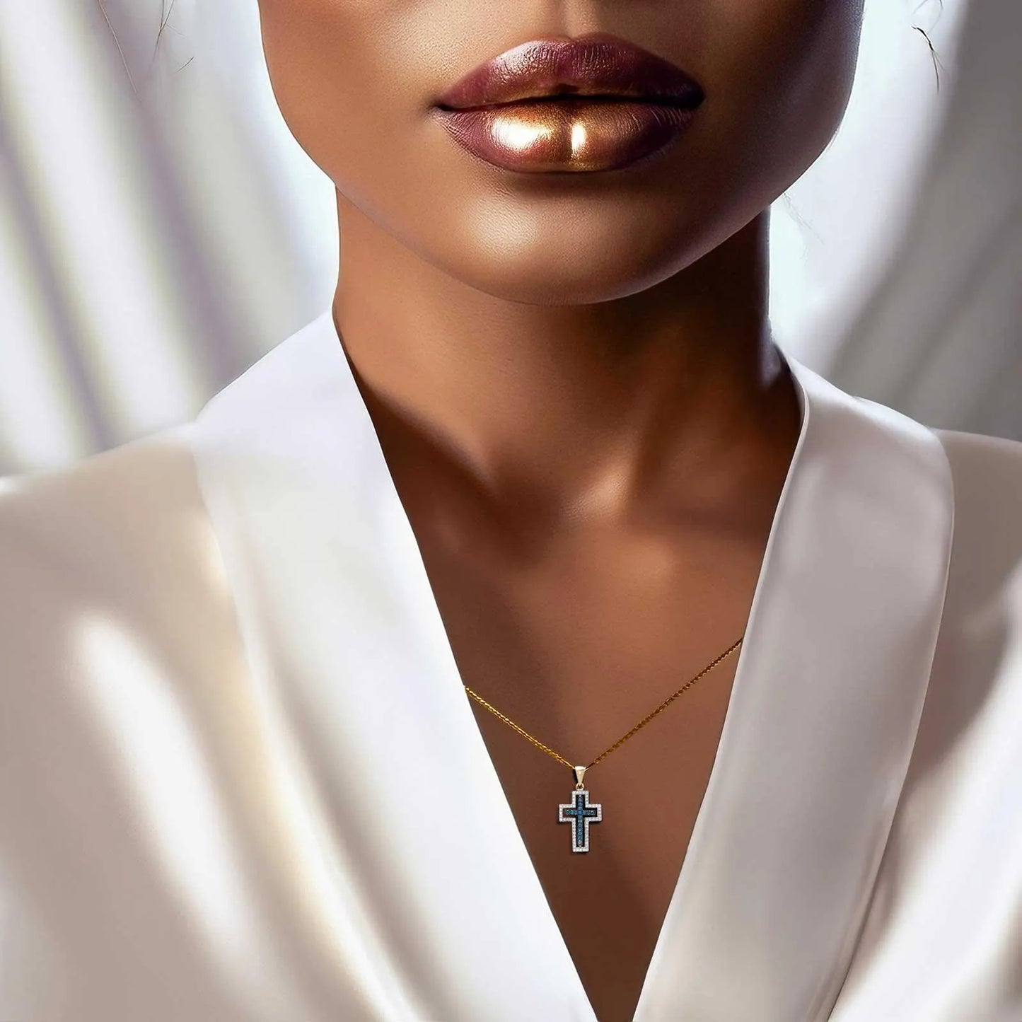 14K Gold Rotating Latin Cross Pendant with blue and white diamonds - bluewhiteshop