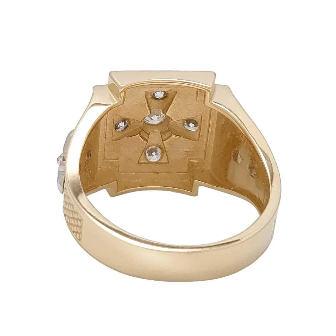 14K Gold Square Christian Men's Signet Ring Jerusalem Cross and Fleurs-de-lis - bluewhiteshop