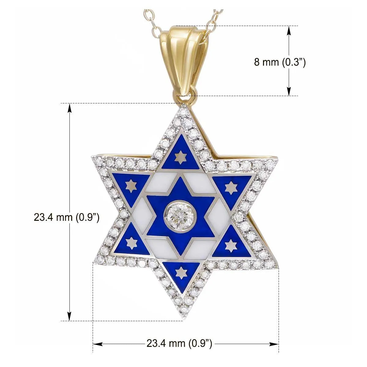 14К gold Star of David Necklace with Diamonds and Enamel - bluewhiteshop