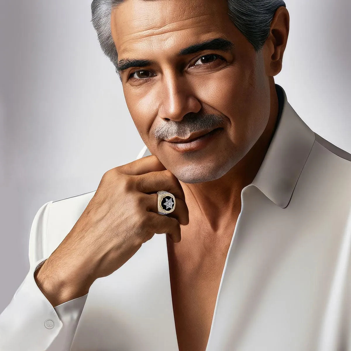 14К Gold Star of David Ring with 74 Diamonds and Black Enamel - bluewhiteshop