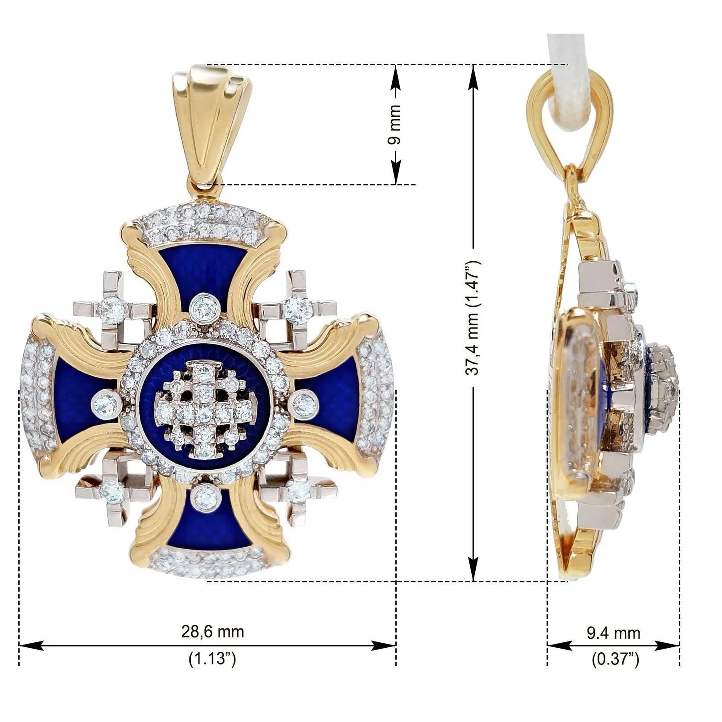14K Gold Vintage Jerusalem Cross Pendant with blue enamel and diamonds - bluewhiteshop