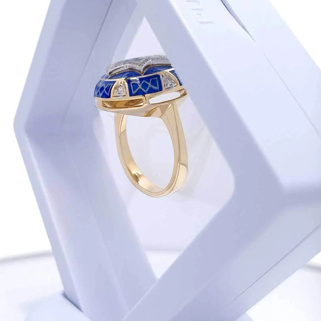 14K Gold Women Star of David Ring with 55 Diamonds and Blue Enamel - bluewhiteshop