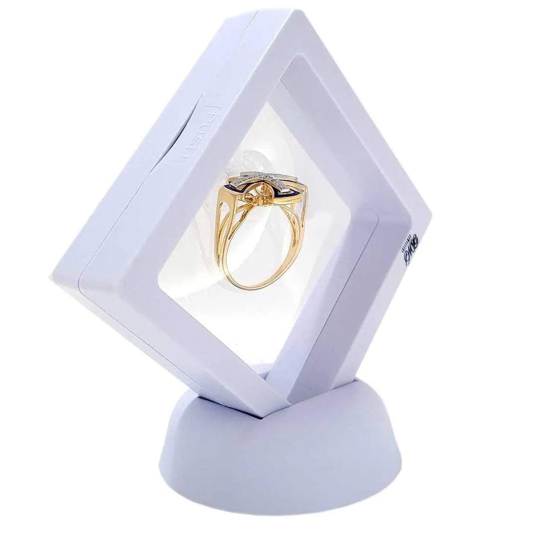 14K Two-Tone Gold Openwork Christian Ring with 25 Diamonds and Blue Enamel - bluewhiteshop