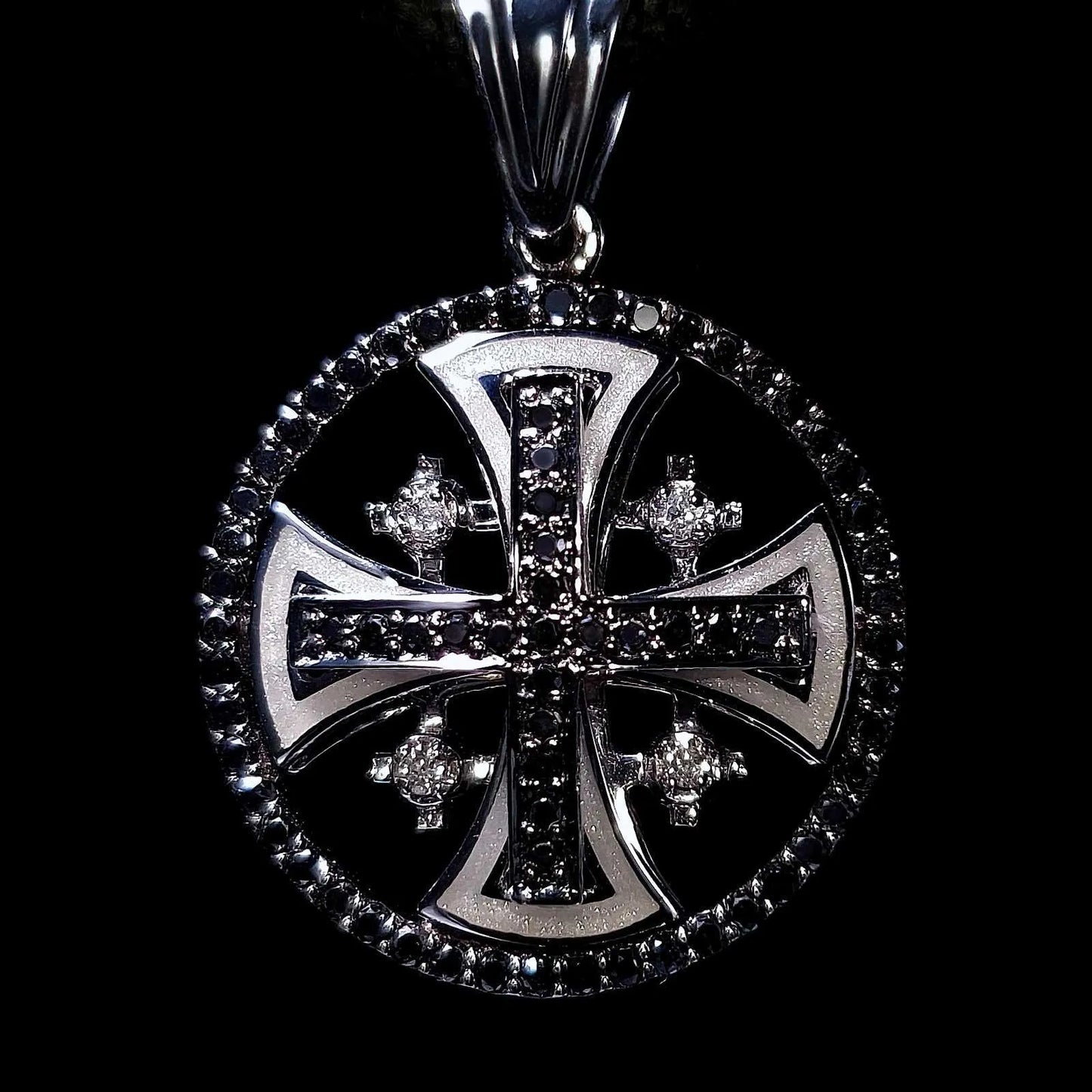 14K White Gold Jerusalem Cross Round Pendant with Diamonds and Enamel - bluewhiteshop