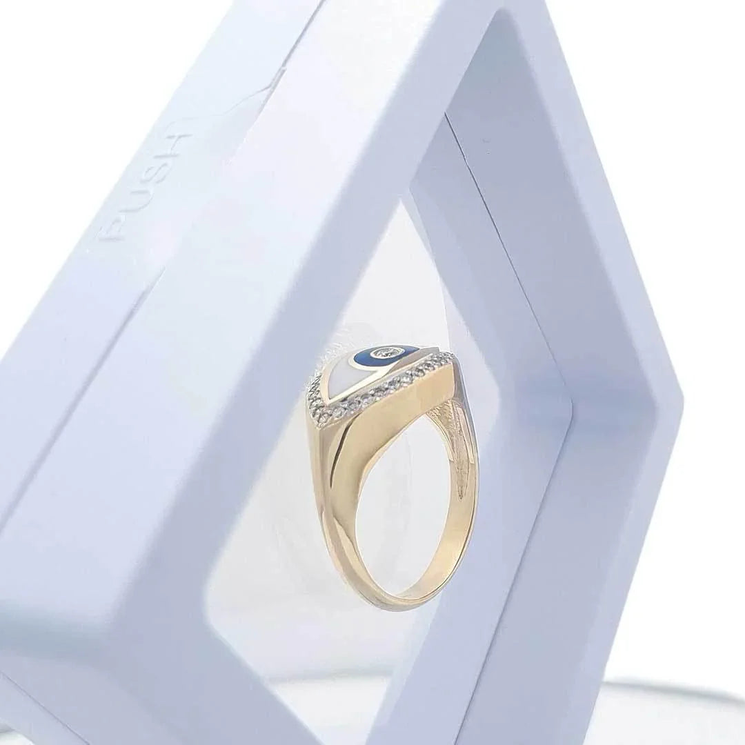 14K yellow Gold Evil Eye Ring with 33 Diamonds and Enamel - bluewhiteshop