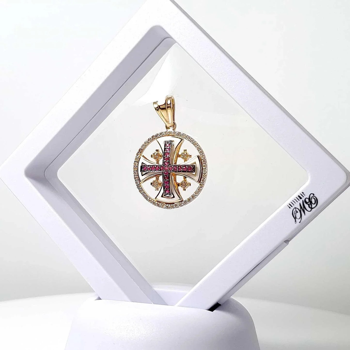 14K Yellow Gold Jerusalem Cross Round Pendant with Rubies and Diamonds - bluewhiteshop