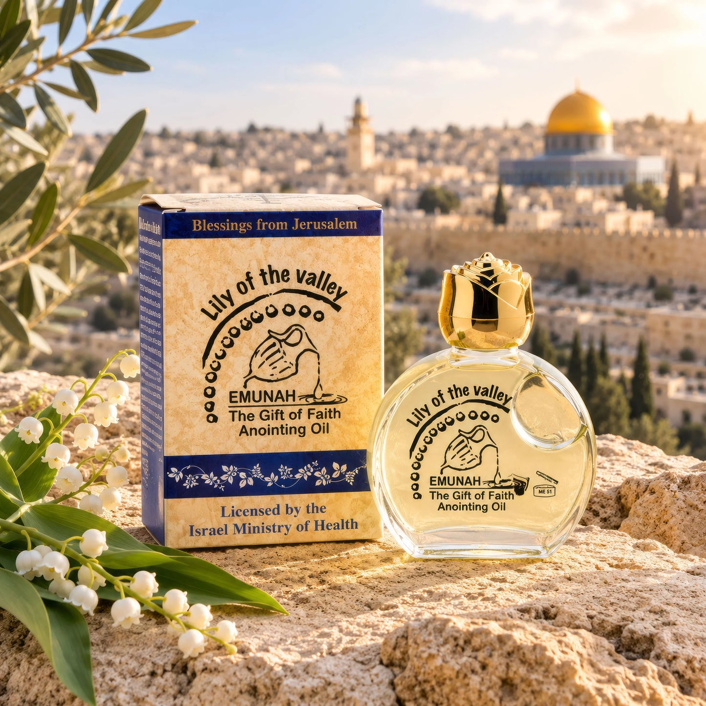 . Lily of the Valley anointing oil with box on Jerusalem stone background