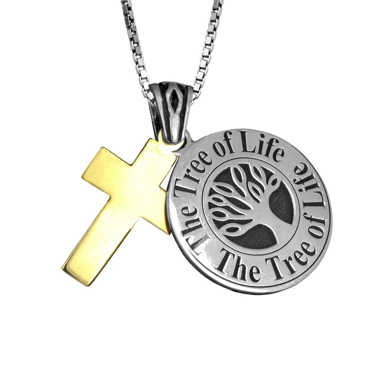 Amulet Kabbalah Tree of Life with 9K Gold Cross Sterling Silver Necklace - bluewhiteshop