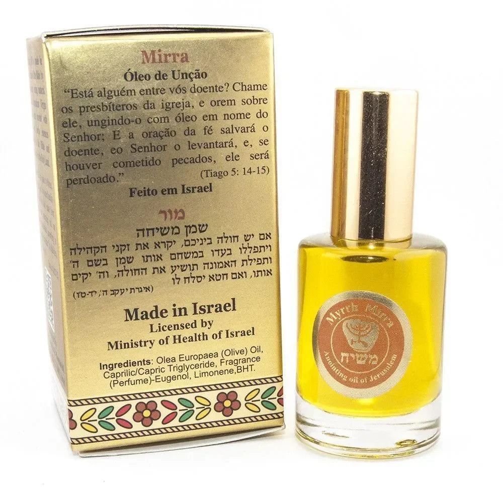 Mirra Anointing Oil from Israel, golden bottle with Hebrew text, Holy Land gift