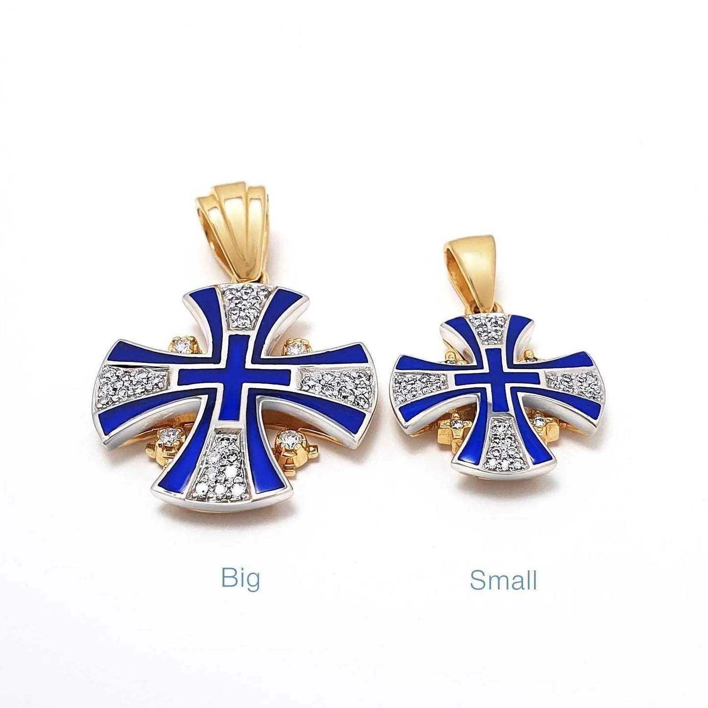 Diamond Cross Necklace 14K Gold with Blue Enamel Jerusalem Cross - bluewhiteshop