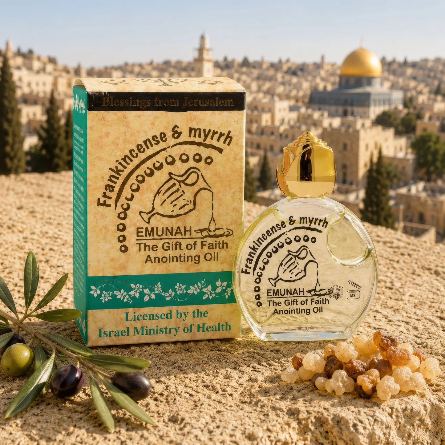Frankincense and myrrh anointing oil with box on Jerusalem stone background