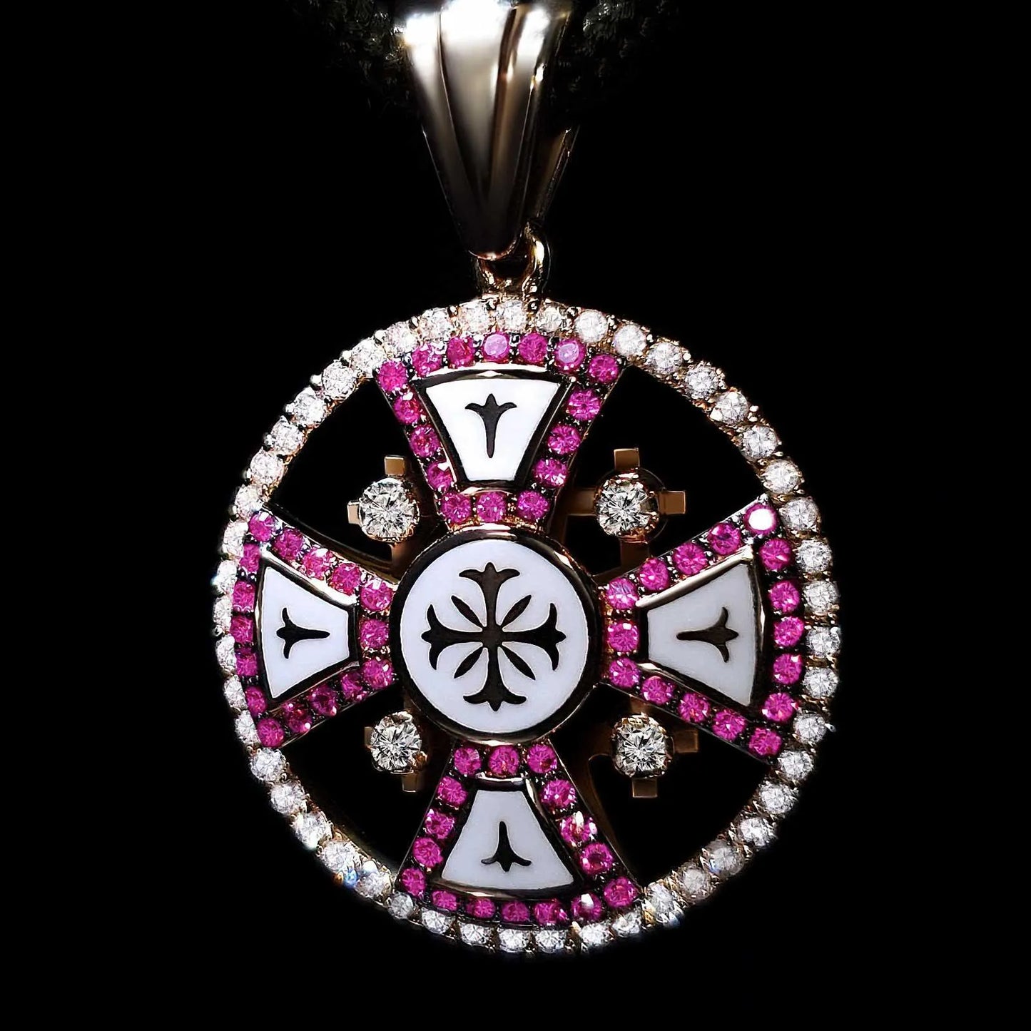 Jerusalem Cross Round Pendant 14K Gold with 64 Rubies and 52 Diamonds - bluewhiteshop