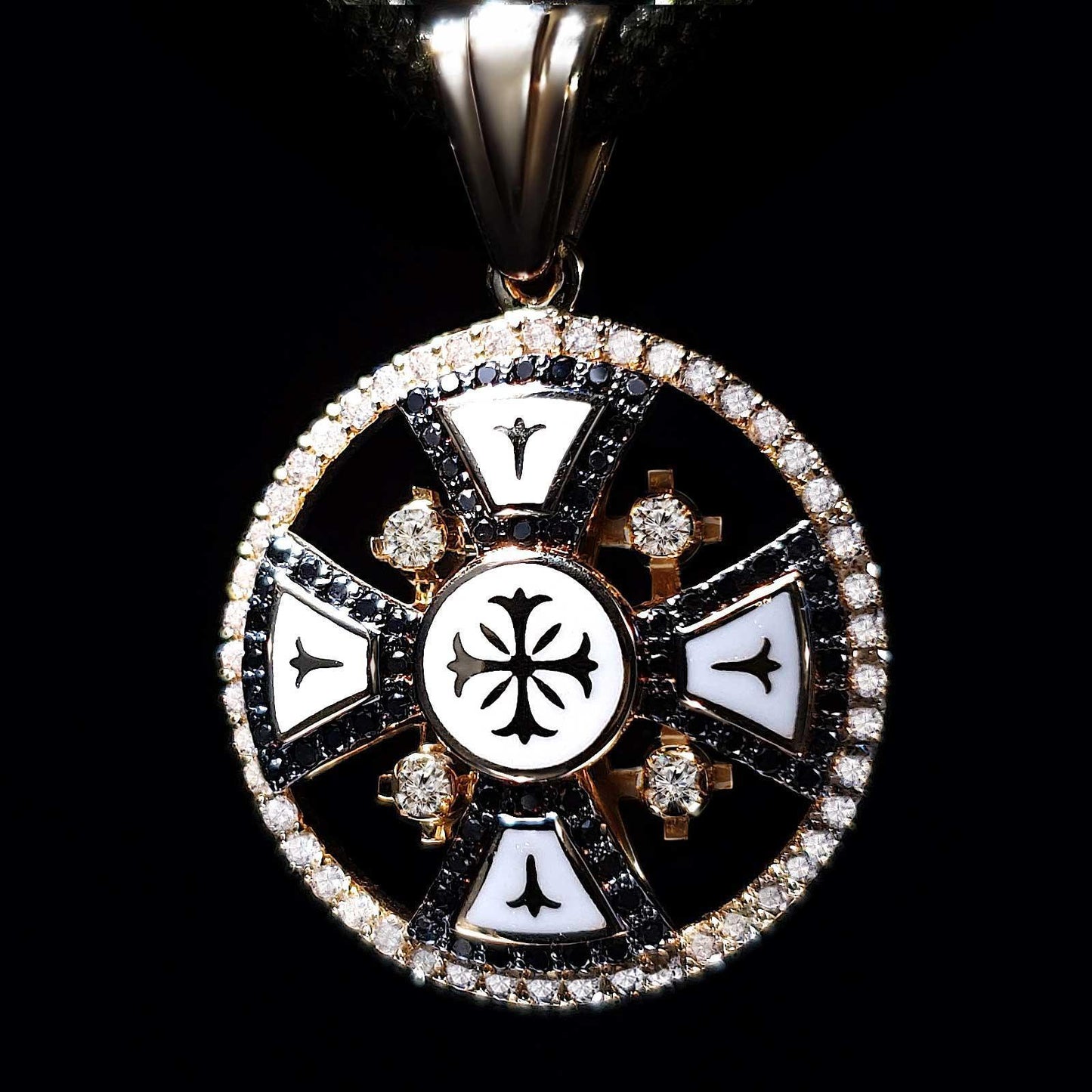 Jerusalem Cross Round Pendant 14K Yellow Gold with Black and White Diamonds - bluewhiteshop