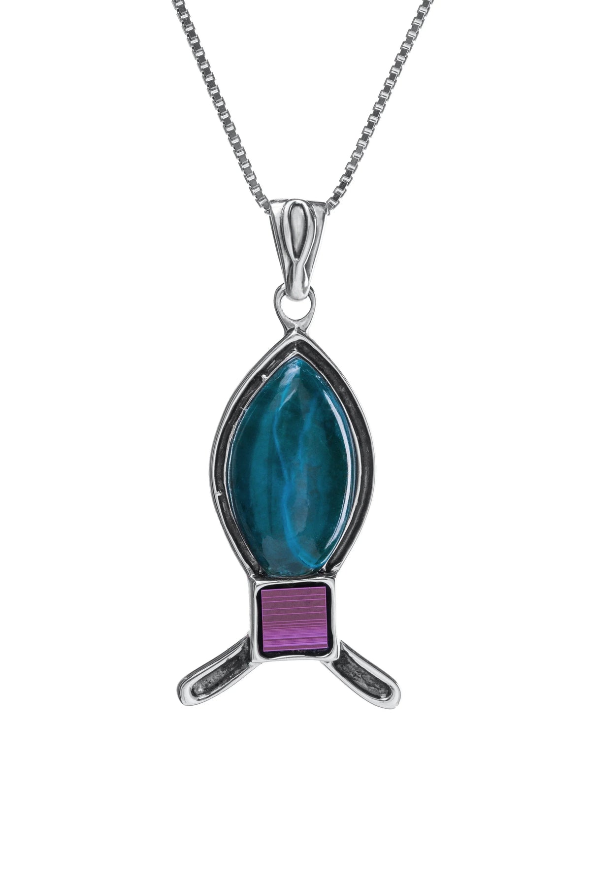 Jerusalem Nano Bible Designed Pendant Fish Necklace Silver 925 with Eilat Stone from Holy Land - bluewhiteshop