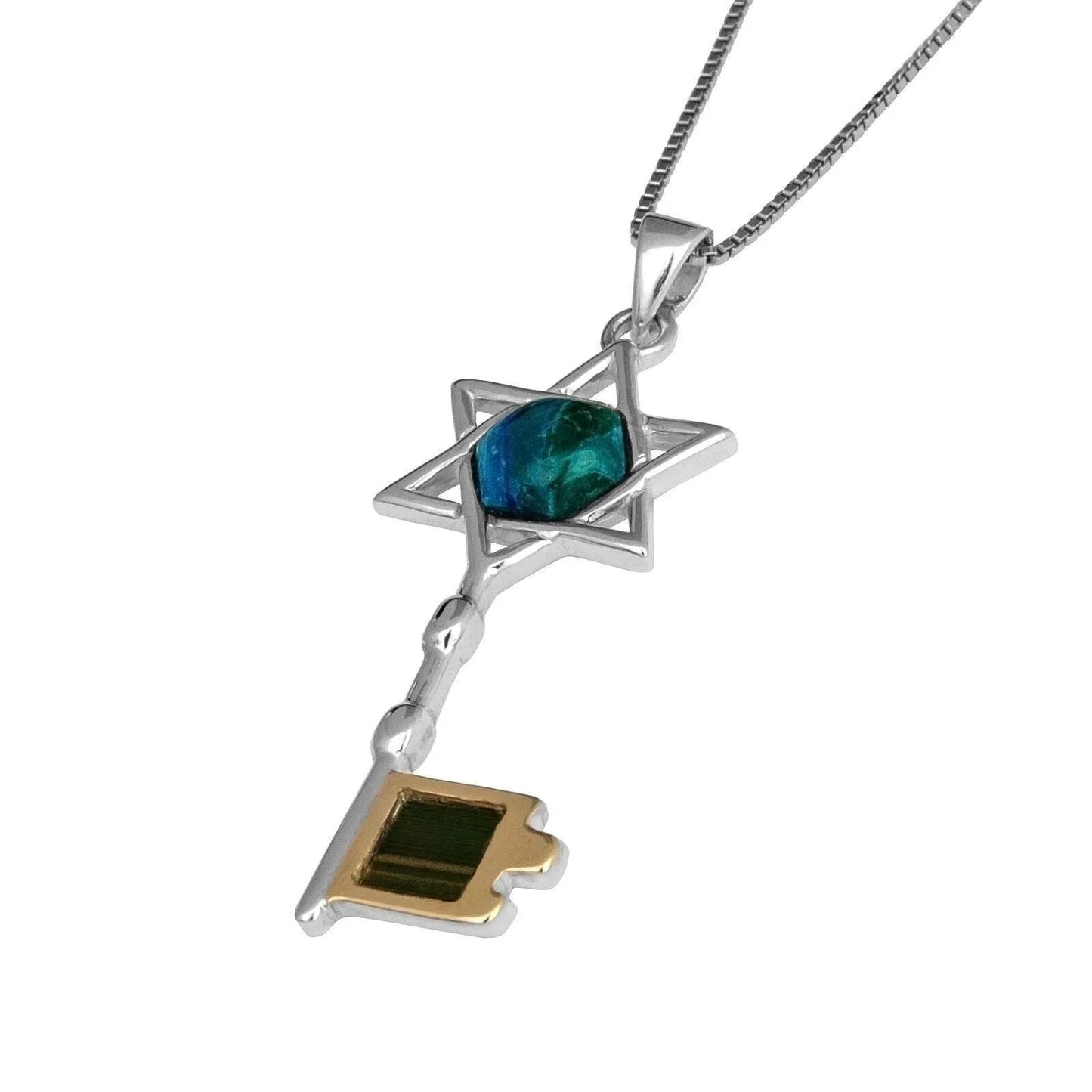 Jerusalem Nano Bible Torah Pendant Key Star of David Necklace Silver 925 Gold 9K with Eilat Stone - bluewhiteshop