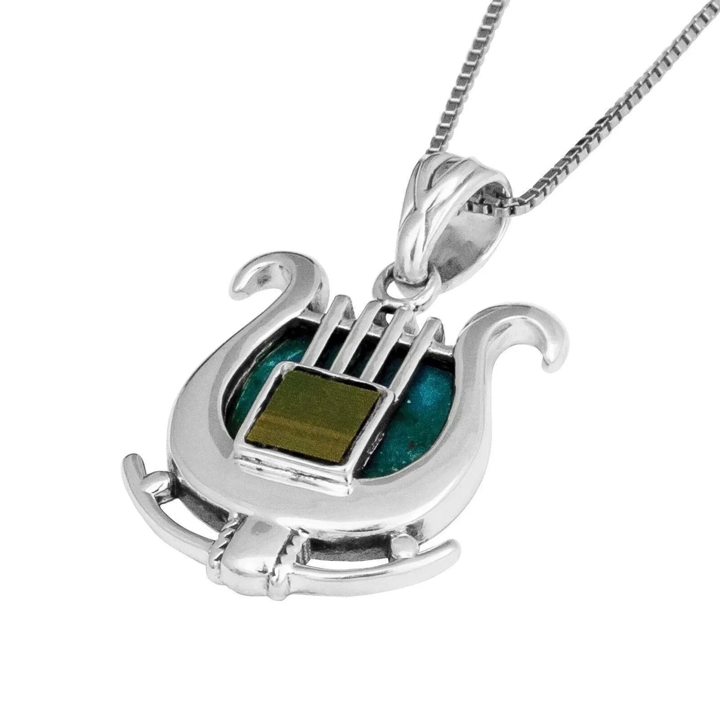 Jerusalem Nano Bible Torah Pendant King David's Harp Eilat Stone Necklace Silver 925 - bluewhiteshop