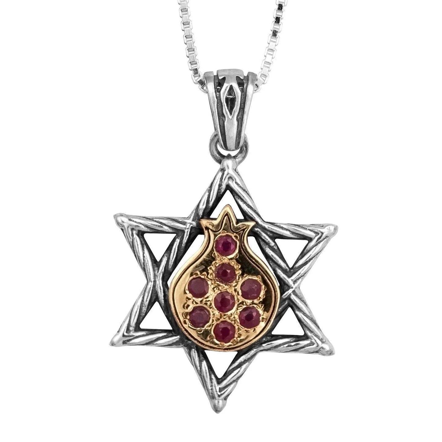 Kabbalah Pendant Pomegranat and Magen David Gemstones Sterling Silver Gold 9K - bluewhiteshop