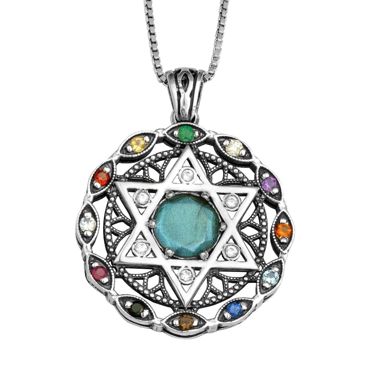 Kabbalah Pendant Star of David and Labradorite Hoshen Crystals 925 CZ Sterling Silver - bluewhiteshop