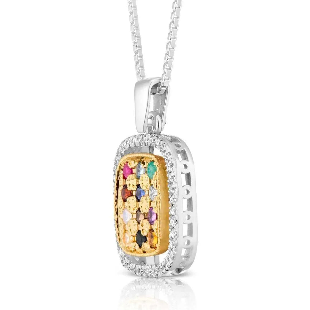 Kabbalah Pendant with Breastplate stones Hoshen Silver 925 Gold 9K and white zircon stones - bluewhiteshop