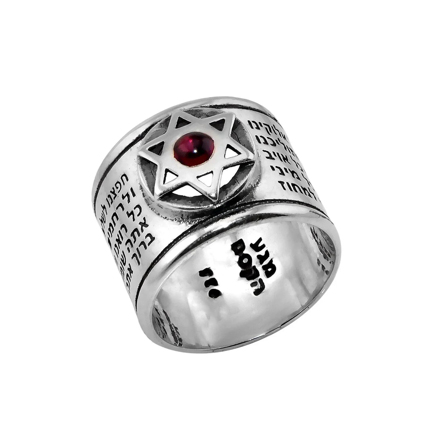 Kabbalah Ring with Star of David & Traveller's Prayer Silver & garnet - bluewhiteshop