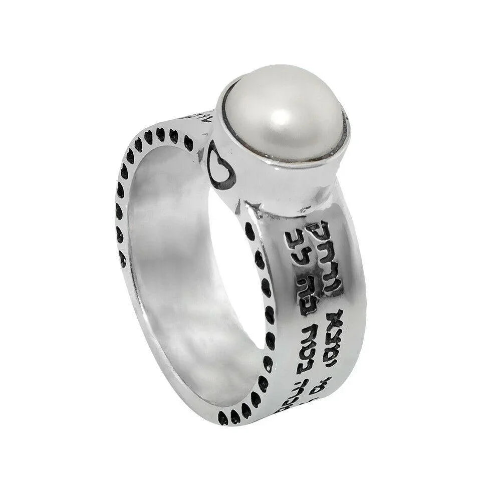 Kabbalah Ring with the parable of the white pearl Eshet Chayil Woman of Valor in sterling silver - bluewhiteshop