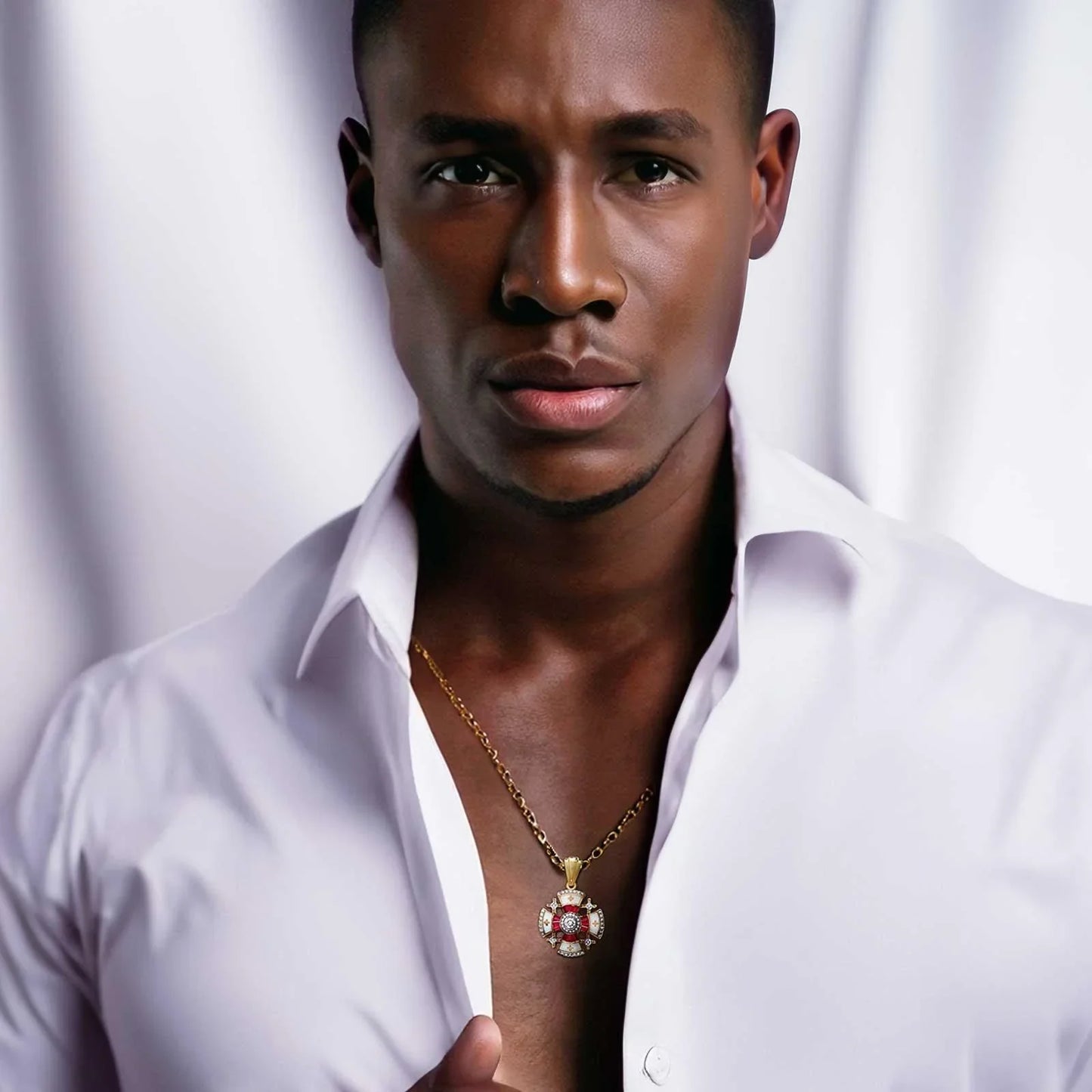 Luxurious 14K Gold Jerusalem Cross Necklace with Ruby Corundum, Diamonds, and White Enamel - bluewhiteshop