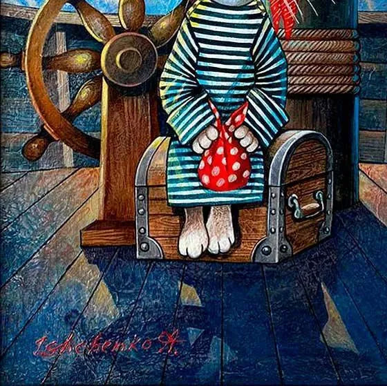Painting "Sailor Cat" by A. Ishchenko 40x60cm Acrylic on Rice Paper - bluewhiteshop