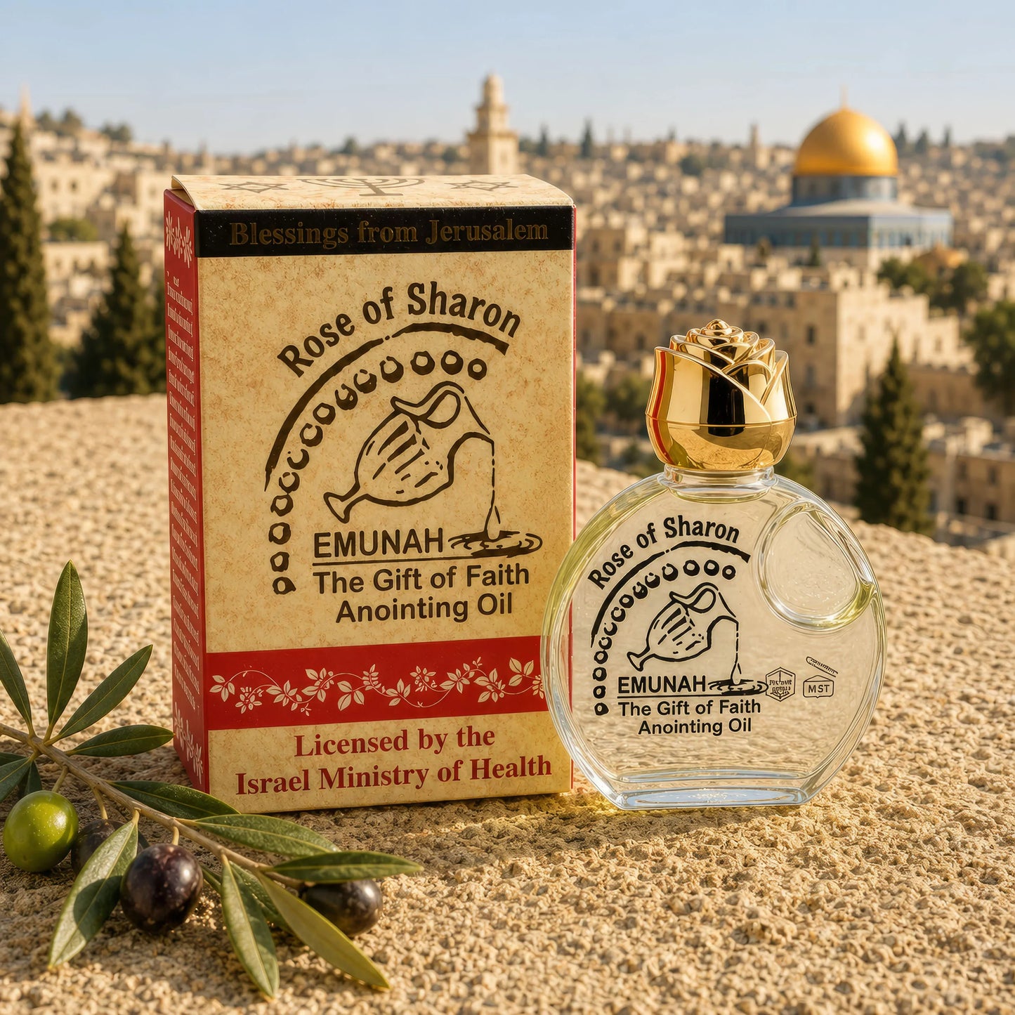 Rose of Sharon anointing oil with box on Jerusalem stone background