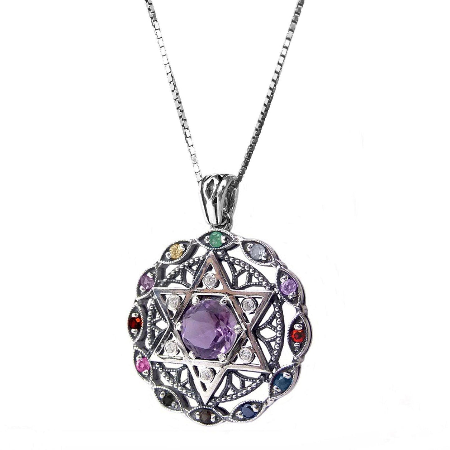 Round Kabbalah Pendant Star of David and Labradorite Hoshen Crystals 925 CZ Sterling Silver - bluewhiteshop