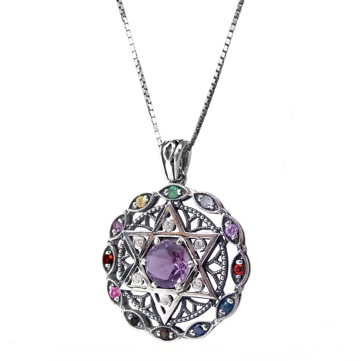 Round Kabbalah Pendant Star of David and Labradorite Hoshen Crystals 925 CZ Sterling Silver - bluewhiteshop