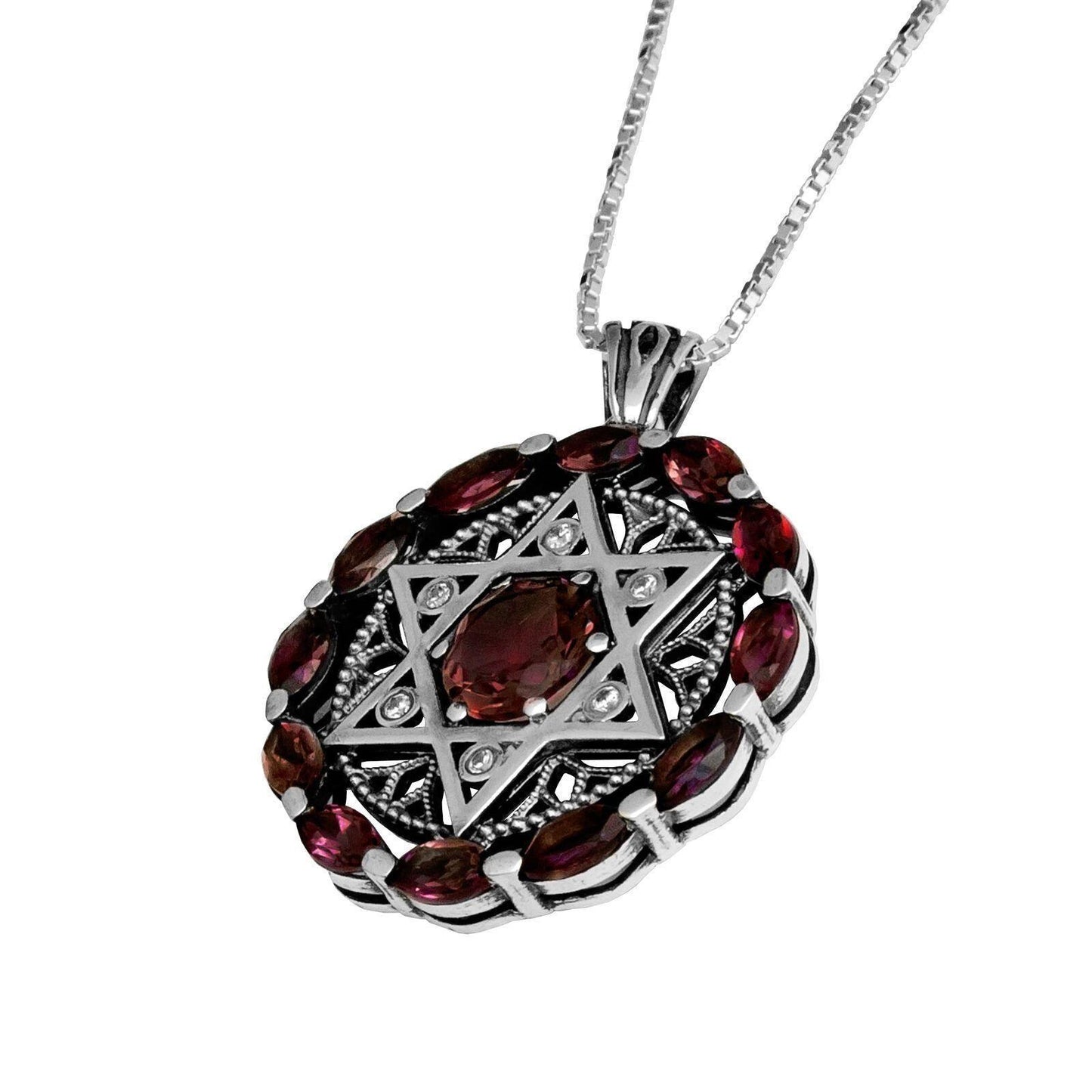 Round Kabbalah Talisman Magen David with Garnet Gemstones w/Crystals CZ Sterling Silver - bluewhiteshop