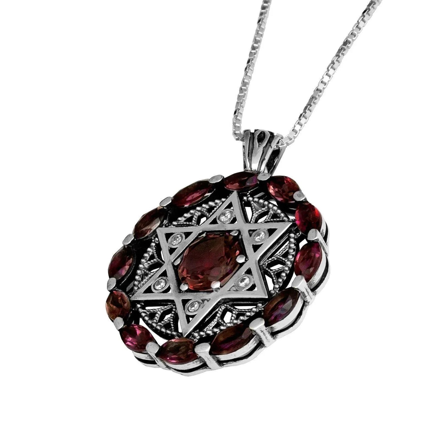 Round Kabbalah Talisman Magen David with Garnet Gemstones w/Crystals CZ Sterling Silver - bluewhiteshop