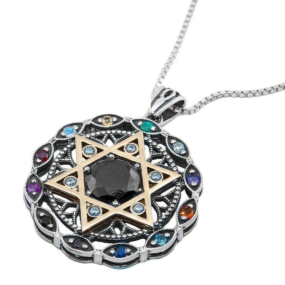 Round Kabbalah Talisman Magen David with Hoshen Stones Magen David and Black Onyx 925 Sterling Silver Gold 9k - bluewhiteshop