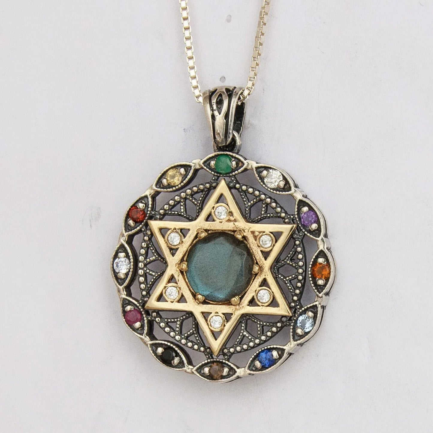 Round Kabbalah Talisman with Hoshen Stones Magen David and Labradorite Hoshen Crystals 925 CZ Sterling Silver Gold 9k - bluewhiteshop