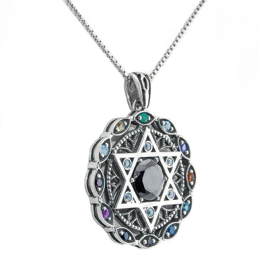 Round Kabbalah Talisman with Hoshen Stones Magen David and Onyx 925 CZ Sterling Silver - bluewhiteshop