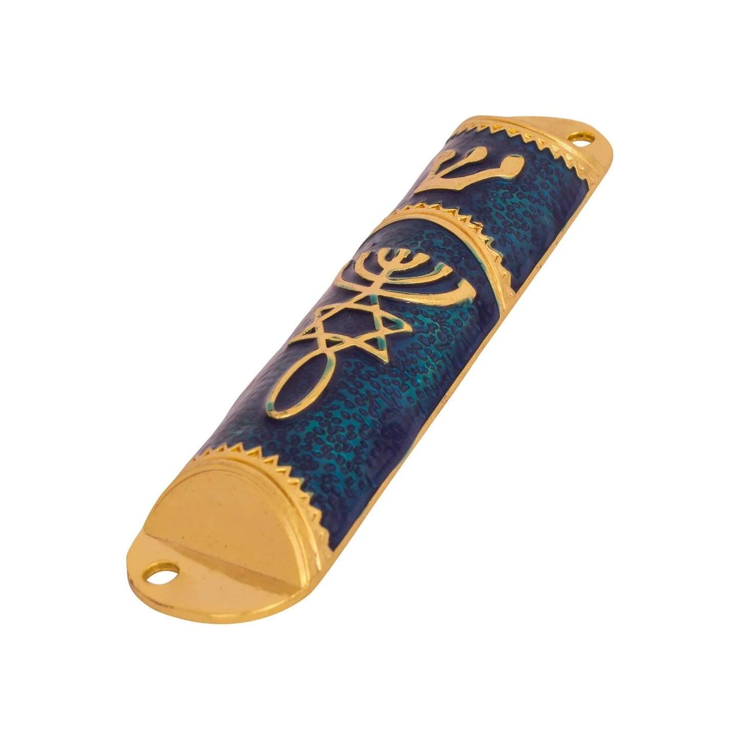 Set of 3 Metal Door Mezuzah Case with Messianic Symbol Gold Blue 4.1 inch - bluewhiteshop