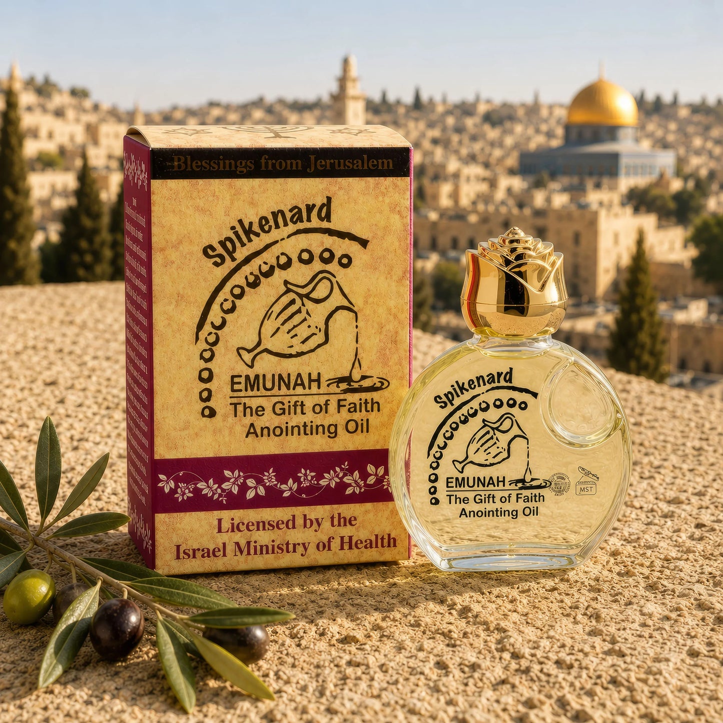 Spikenard anointing oil with box on Jerusalem stone background