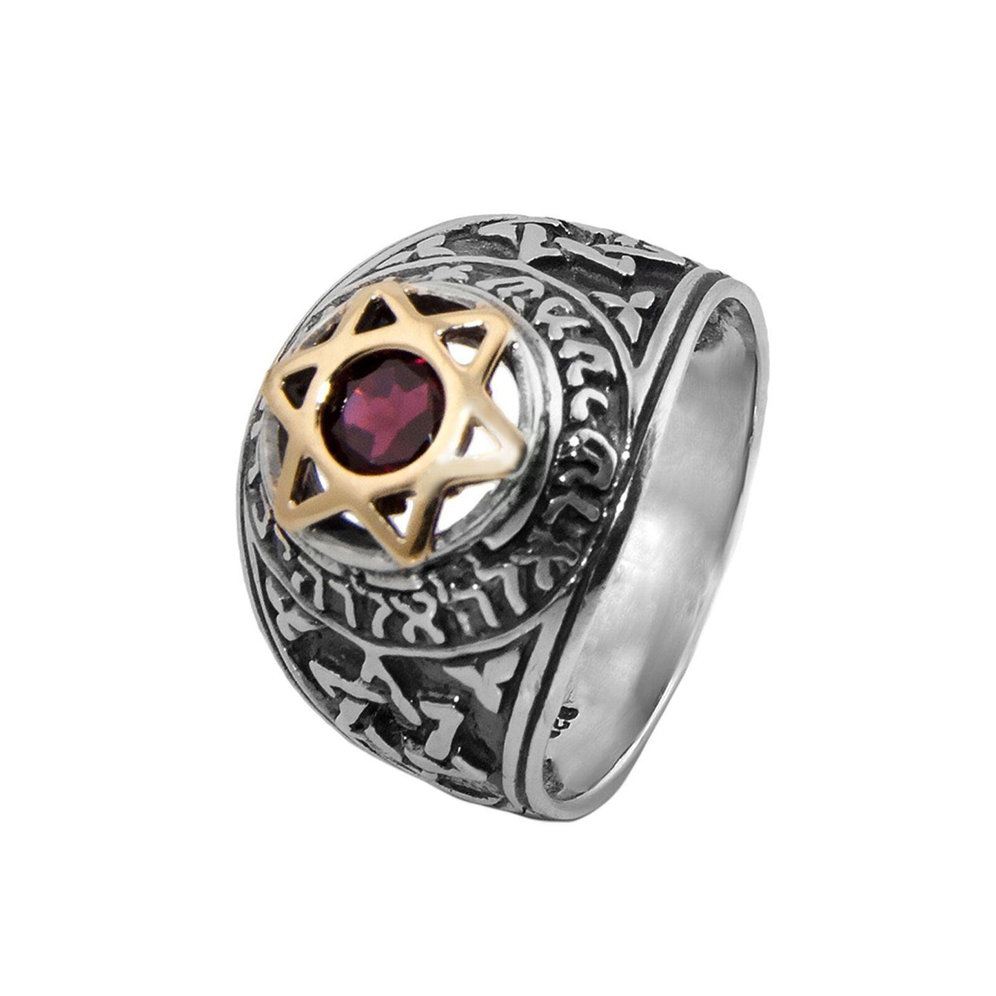Star of David Ring with Blessing SHEMA ISRAEL Garnet stone Silver Gold - bluewhiteshop