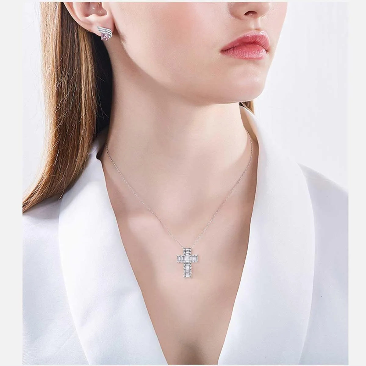 Sterling Silver Cross Pendant with CZ Simulated Diamonds - bluewhiteshop