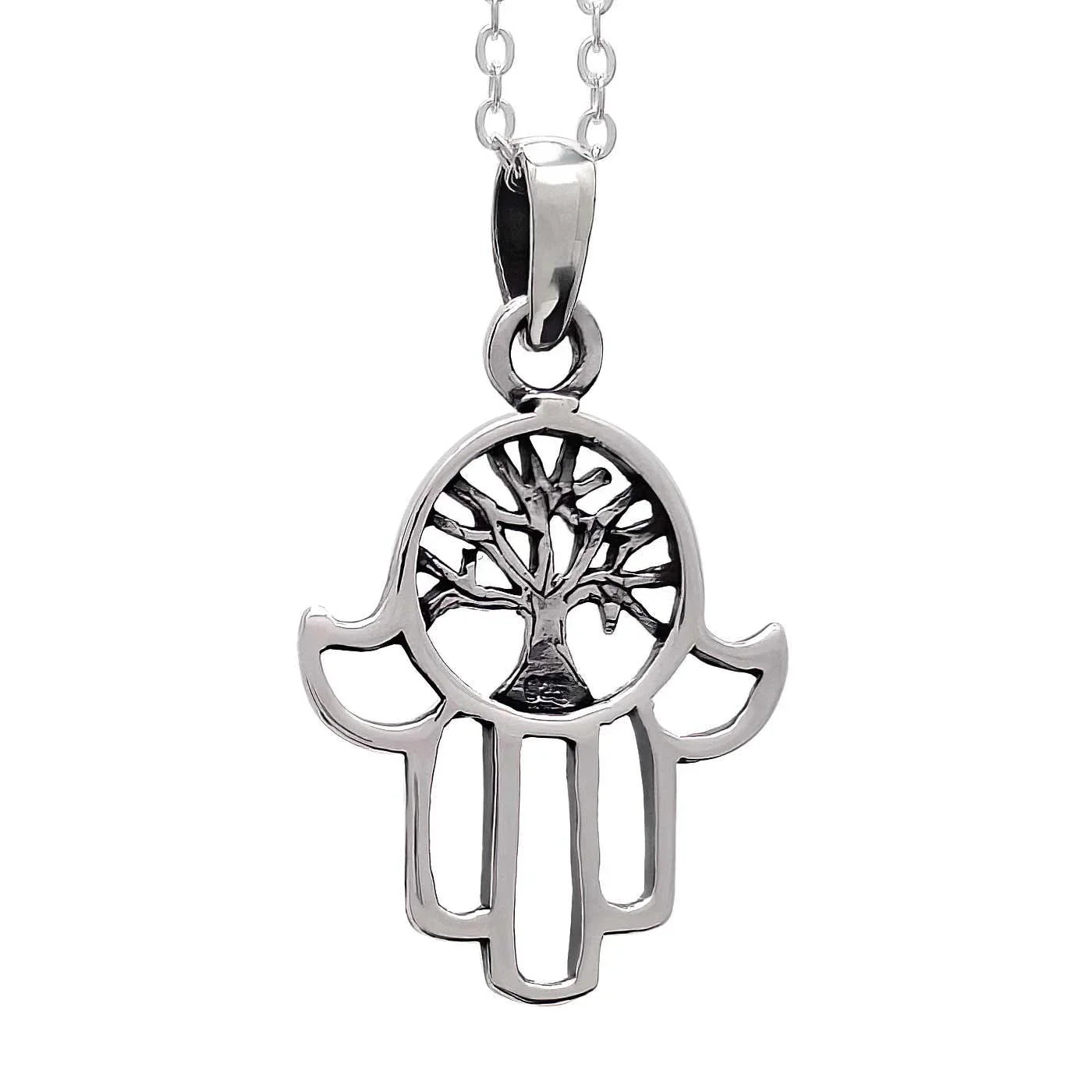 Sterling Silver Hamsa and Tree Of Life Pendant - bluewhiteshop