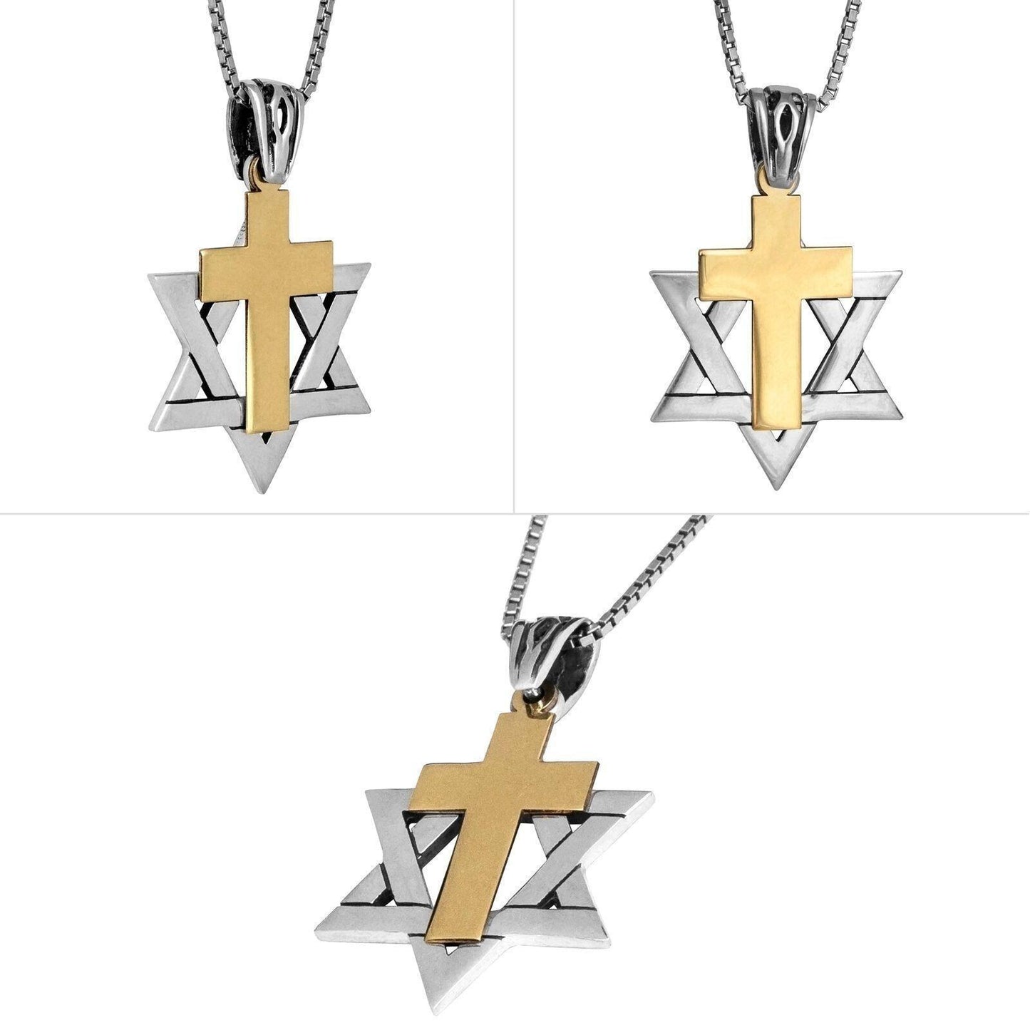 Sterling Silver Messianic Star of David Necklace with Gold Cross Charm - bluewhiteshop
