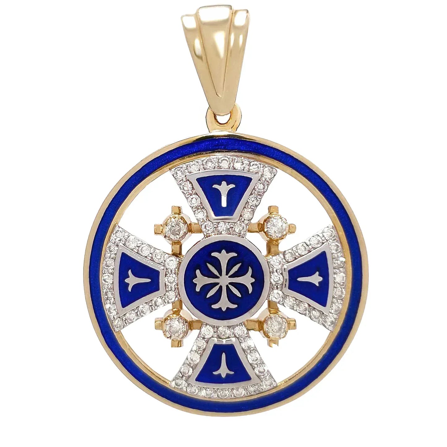 14K Yellow Gold Jerusalem Cross Round Pendant with 68 Diamonds