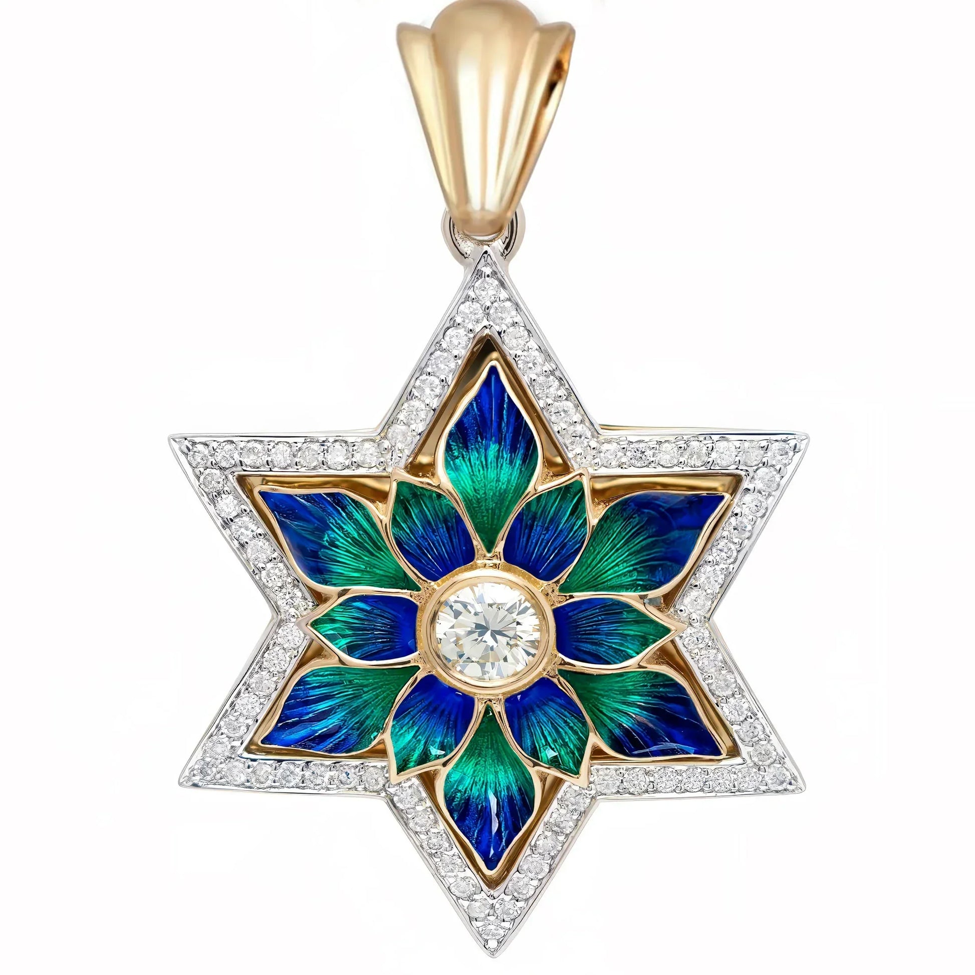 14K Gold Star of David Diamond and Enamel Pendant - Star of Eden Bloom