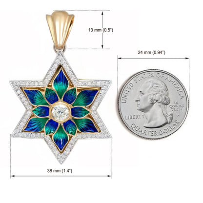 14K Gold Star of David Diamond and Enamel Pendant - Star of Eden Bloom with Coin for Size Reference