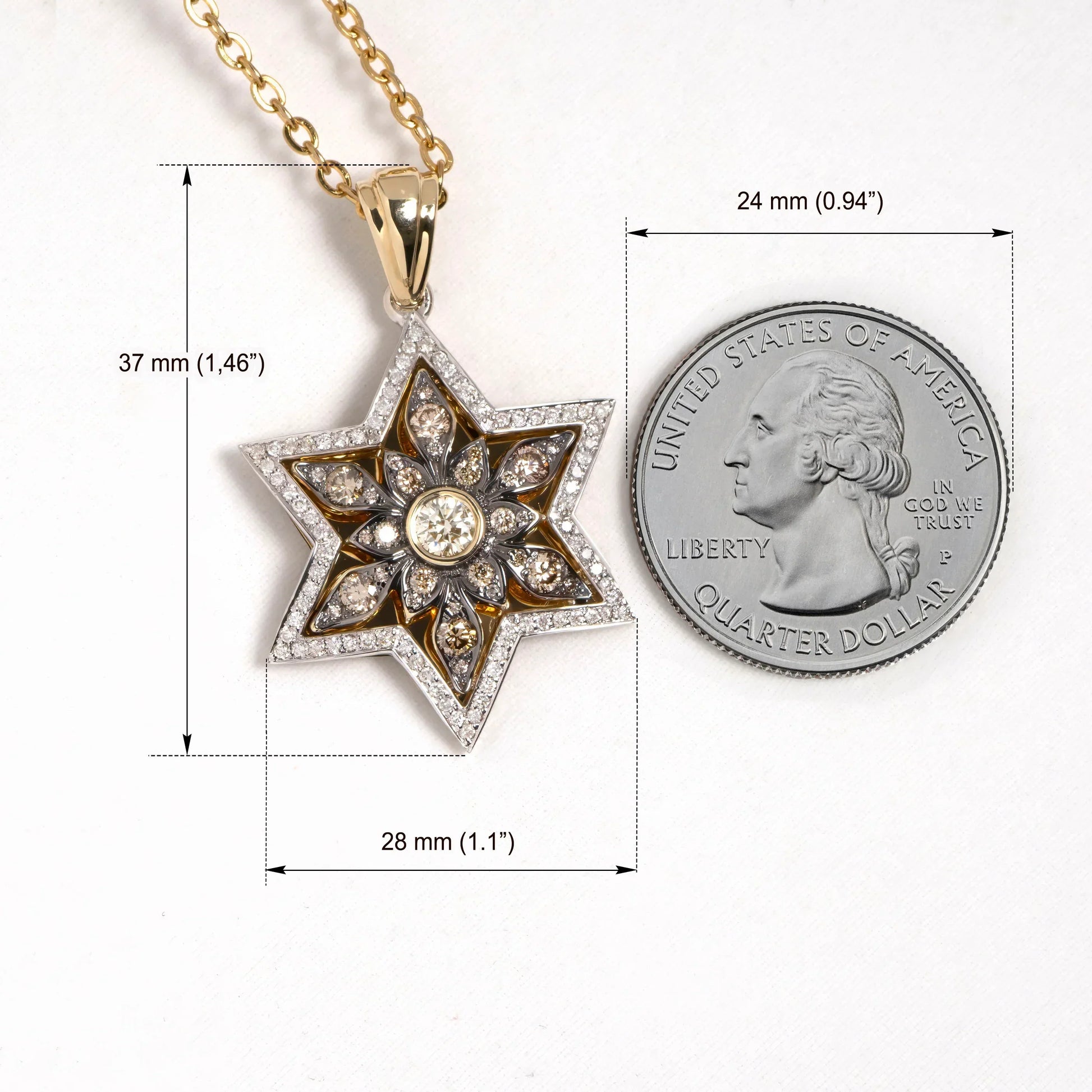14K Gold Star of David Pendant with Champagne Diamonds Desert Bloom Coin for Size Reference