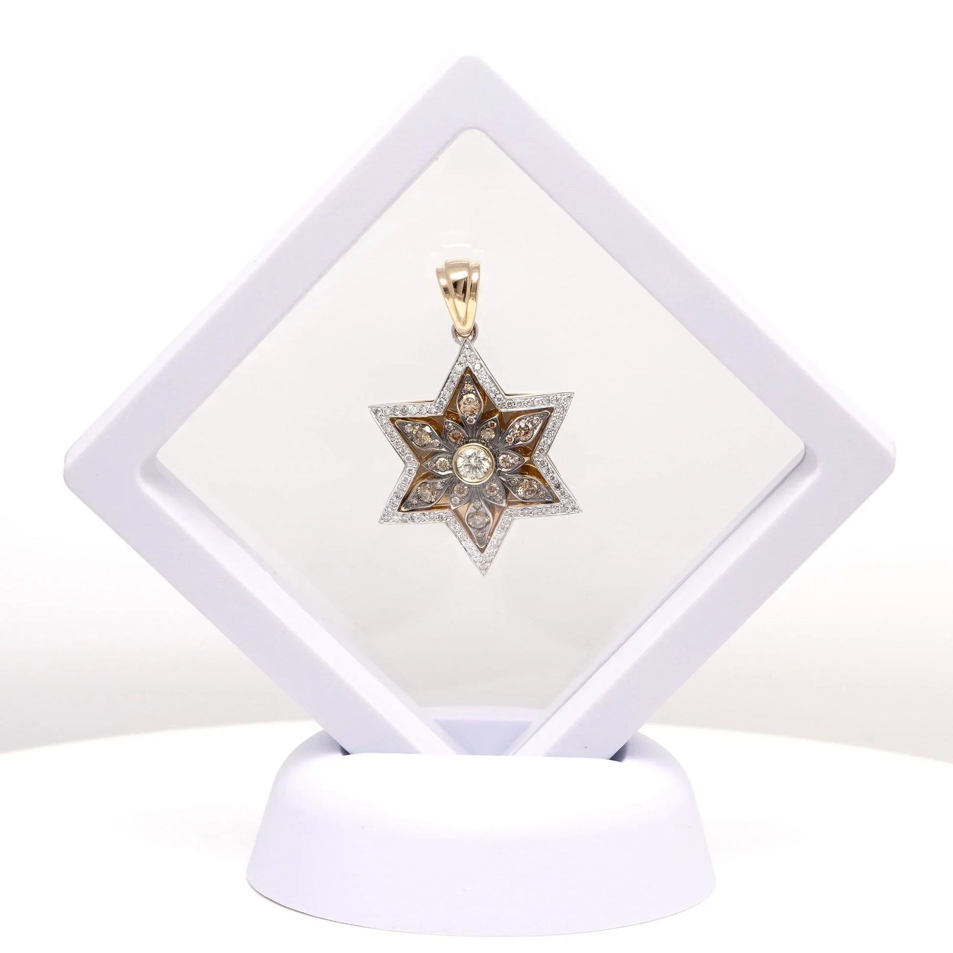 14K Gold Star of David Pendant with Champagne Diamonds Desert Bloom in Gift Box