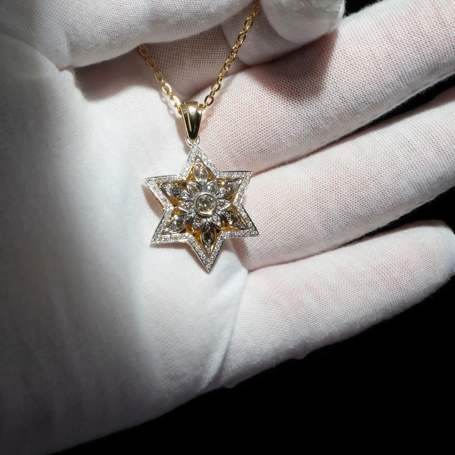 14K Gold Star of David Pendant with Champagne Diamonds Desert Bloom