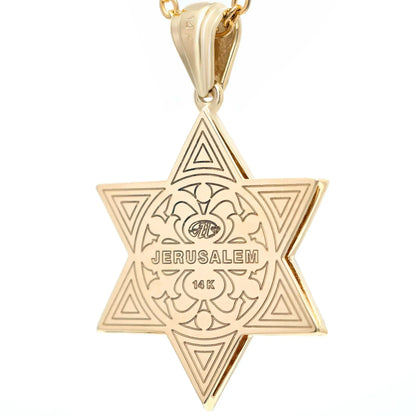 14K Gold Star of David Pendant with Engraved Petals Back View